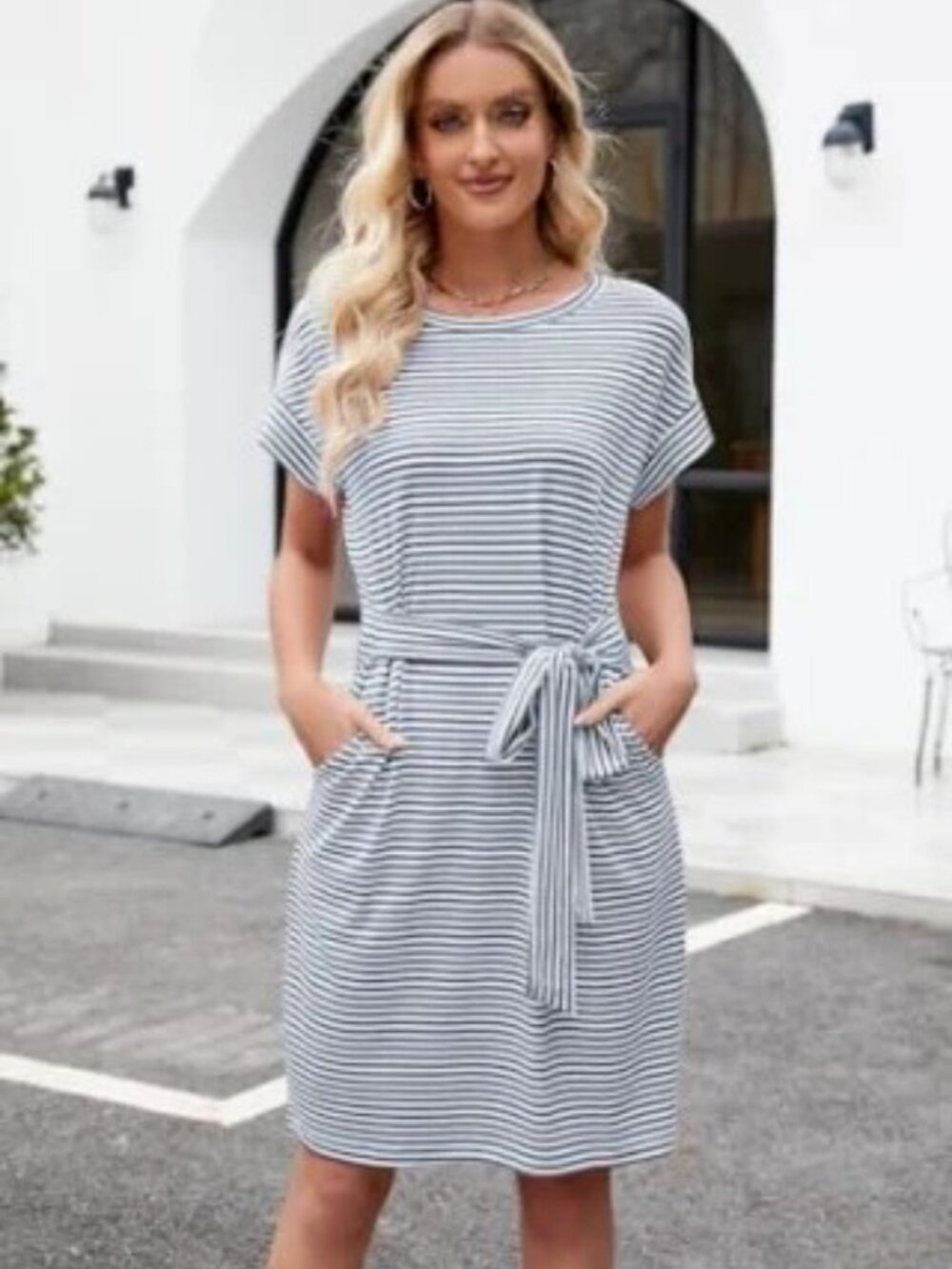 Boho Nautical Blue & White Striped Belted Casual Summer Dress